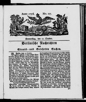 Berlinische Nachrichten von Staats- und gelehrten Sachen vom 21.10.1756