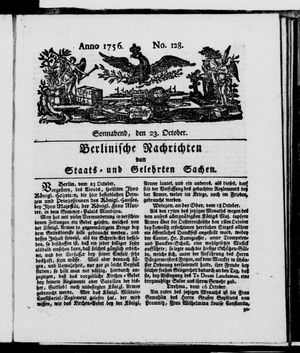 Berlinische Nachrichten von Staats- und gelehrten Sachen vom 23.10.1756