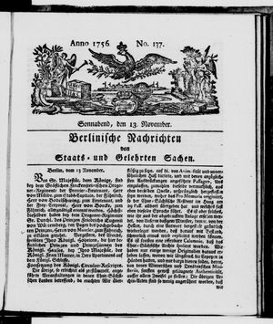 Berlinische Nachrichten von Staats- und gelehrten Sachen vom 13.11.1756