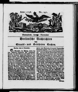 Berlinische Nachrichten von Staats- und gelehrten Sachen vom 20.11.1756