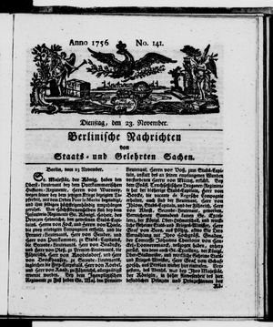 Berlinische Nachrichten von Staats- und gelehrten Sachen vom 23.11.1756