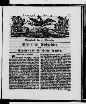 Berlinische Nachrichten von Staats- und gelehrten Sachen vom 27.11.1756