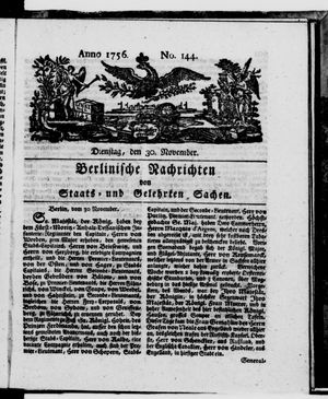 Berlinische Nachrichten von Staats- und gelehrten Sachen vom 30.11.1756