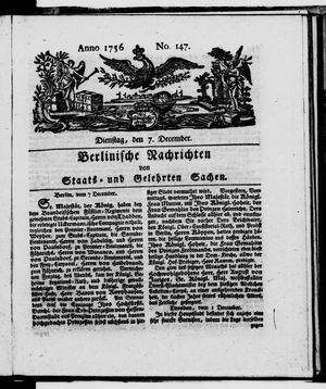 Berlinische Nachrichten von Staats- und gelehrten Sachen vom 07.12.1756