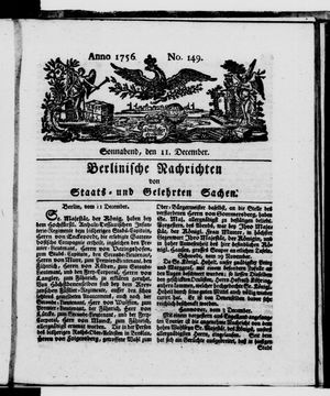 Berlinische Nachrichten von Staats- und gelehrten Sachen vom 11.12.1756