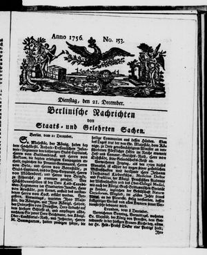 Berlinische Nachrichten von Staats- und gelehrten Sachen vom 21.12.1756