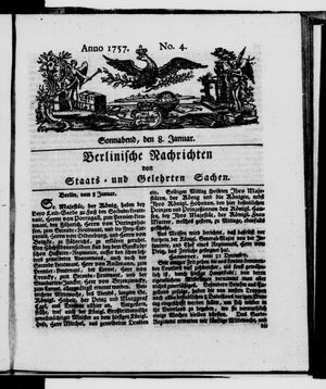 Berlinische Nachrichten von Staats- und gelehrten Sachen vom 08.01.1757