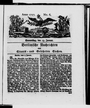 Berlinische Nachrichten von Staats- und gelehrten Sachen vom 13.01.1757