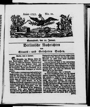 Berlinische Nachrichten von Staats- und gelehrten Sachen vom 22.01.1757