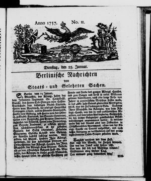 Berlinische Nachrichten von Staats- und gelehrten Sachen vom 25.01.1757