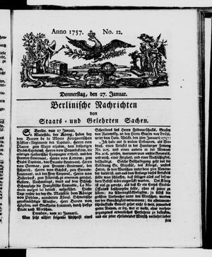 Berlinische Nachrichten von Staats- und gelehrten Sachen on Jan 27, 1757