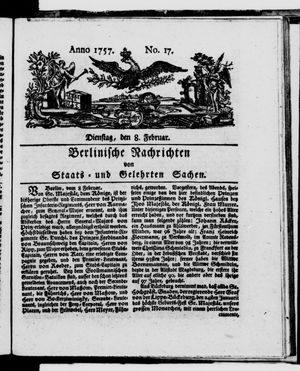 Berlinische Nachrichten von Staats- und gelehrten Sachen vom 08.02.1757