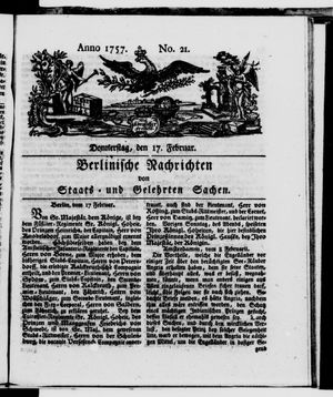 Berlinische Nachrichten von Staats- und gelehrten Sachen vom 17.02.1757
