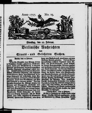 Berlinische Nachrichten von Staats- und gelehrten Sachen vom 22.02.1757