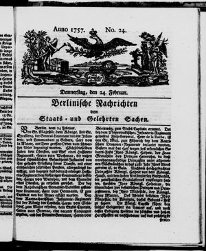 Berlinische Nachrichten von Staats- und gelehrten Sachen vom 24.02.1757