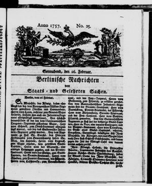 Berlinische Nachrichten von Staats- und gelehrten Sachen vom 26.02.1757