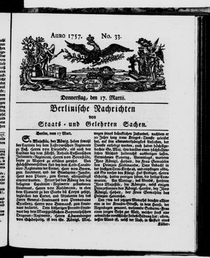 Berlinische Nachrichten von Staats- und gelehrten Sachen vom 17.03.1757