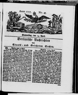 Berlinische Nachrichten von Staats- und gelehrten Sachen vom 14.04.1757