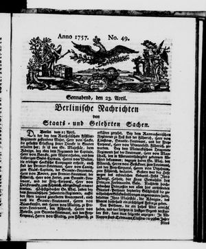 Berlinische Nachrichten von Staats- und gelehrten Sachen vom 23.04.1757