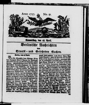 Berlinische Nachrichten von Staats- und gelehrten Sachen vom 28.04.1757