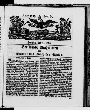 Berlinische Nachrichten von Staats- und gelehrten Sachen vom 31.05.1757