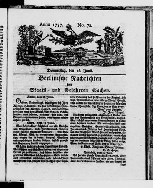 Berlinische Nachrichten von Staats- und gelehrten Sachen vom 16.06.1757