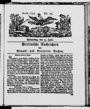 Berlinische Nachrichten von Staats- und gelehrten Sachen vom 23.06.1757