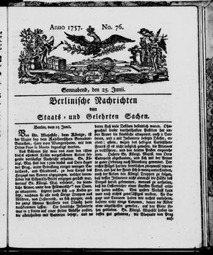 Berlinische Nachrichten von Staats- und gelehrten Sachen vom 25.06.1757