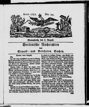 Berlinische Nachrichten von Staats- und gelehrten Sachen vom 06.08.1757