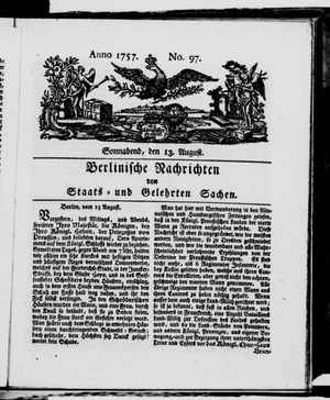 Berlinische Nachrichten von Staats- und gelehrten Sachen vom 13.08.1757