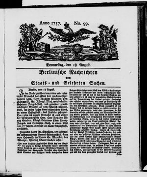 Berlinische Nachrichten von Staats- und gelehrten Sachen vom 18.08.1757