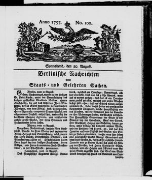 Berlinische Nachrichten von Staats- und gelehrten Sachen vom 20.08.1757