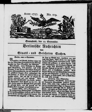 Berlinische Nachrichten von Staats- und gelehrten Sachen vom 10.09.1757