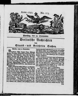 Berlinische Nachrichten von Staats- und gelehrten Sachen vom 20.09.1757