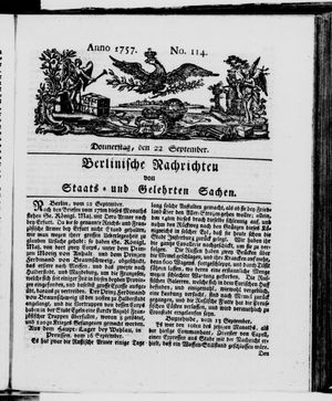 Berlinische Nachrichten von Staats- und gelehrten Sachen vom 22.09.1757