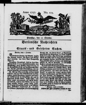 Berlinische Nachrichten von Staats- und gelehrten Sachen on Oct 11, 1757