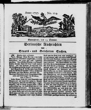 Berlinische Nachrichten von Staats- und gelehrten Sachen vom 15.10.1757