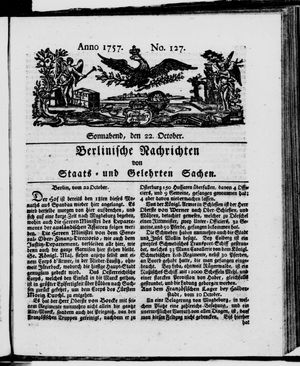 Berlinische Nachrichten von Staats- und gelehrten Sachen vom 22.10.1757