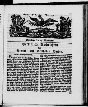 Berlinische Nachrichten von Staats- und gelehrten Sachen vom 15.11.1757