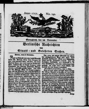 Berlinische Nachrichten von Staats- und gelehrten Sachen vom 26.11.1757