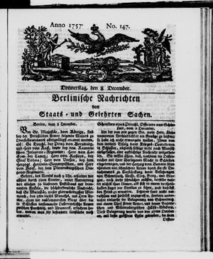 Berlinische Nachrichten von Staats- und gelehrten Sachen vom 08.12.1757
