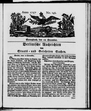 Berlinische Nachrichten von Staats- und gelehrten Sachen vom 10.12.1757