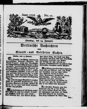 Berlinische Nachrichten von Staats- und gelehrten Sachen vom 24.01.1758