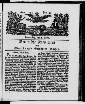 Berlinische Nachrichten von Staats- und gelehrten Sachen vom 06.04.1758