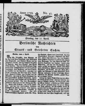 Berlinische Nachrichten von Staats- und gelehrten Sachen vom 11.04.1758