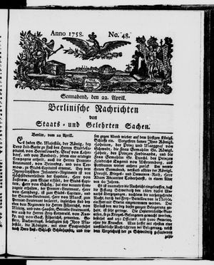 Berlinische Nachrichten von Staats- und gelehrten Sachen vom 22.04.1758