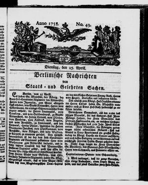 Berlinische Nachrichten von Staats- und gelehrten Sachen vom 25.04.1758