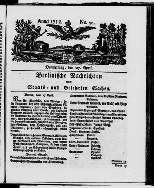 Berlinische Nachrichten von Staats- und gelehrten Sachen vom 27.04.1758