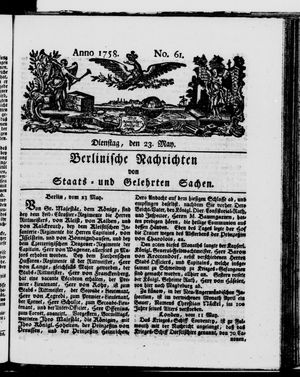 Berlinische Nachrichten von Staats- und gelehrten Sachen vom 23.05.1758