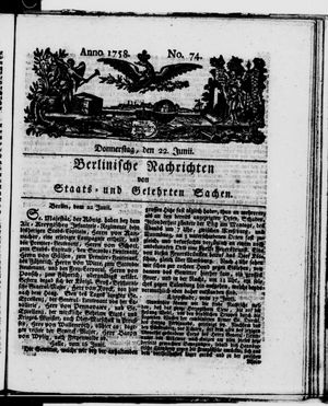 Berlinische Nachrichten von Staats- und gelehrten Sachen vom 22.06.1758